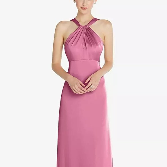 After Six 6855...Draped Twist Halter Low-Back Satin Empire Dress...Pink...Sz 12 - Picture 1 of 8